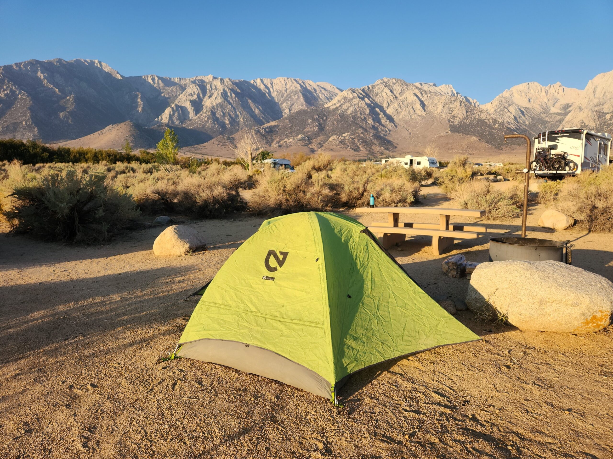 Camping tent in the Alabama Hills region, at the foothills of the Sierra Nevada mountain range in California. Camping