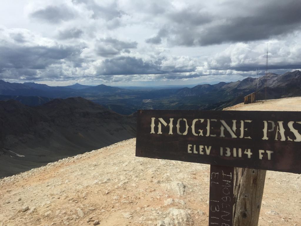 The sign at the top of Imogene Pass, in the Alpine Loop of the San Juan mountains in southwestern Colorado