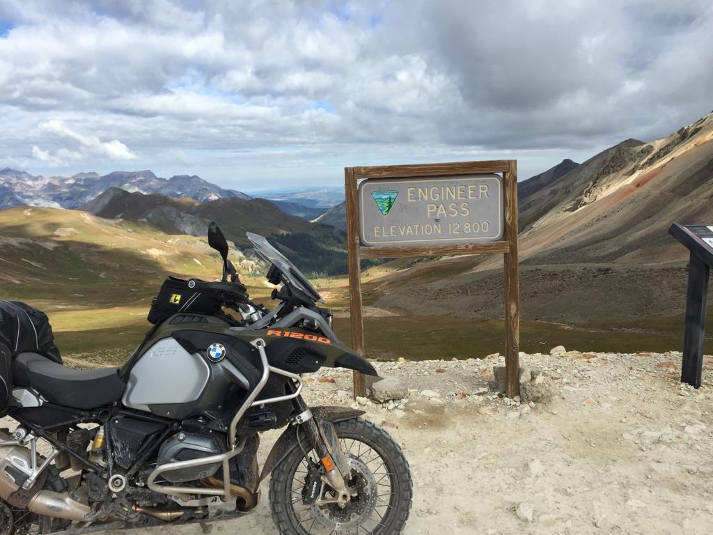 BMW 1200GS adventure motorcycle on top of Engineer Pass in the San Juan mountains of southwestern Colorado