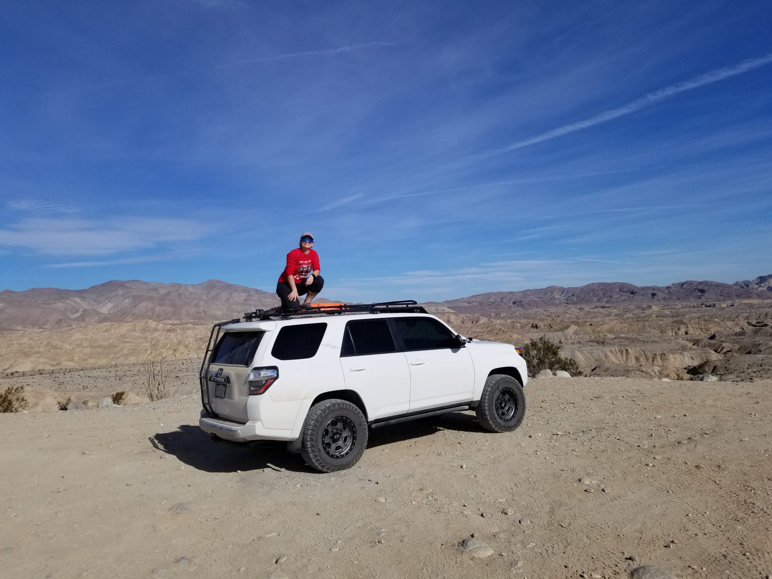 Lifted Toyota 4runner offroad at a desert lookout in Anza Borrego Desert State Park, CA, with the company owner